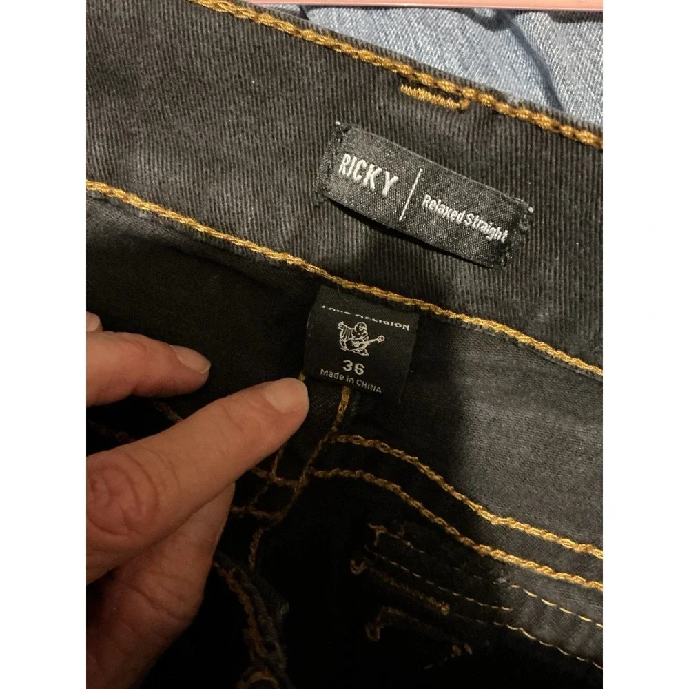 True Religion Ricky Flap Shorts Mens 36 Black Relaxed Fit Stretch Denim Bermuda
